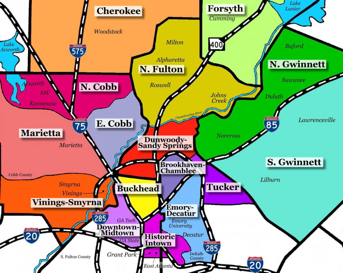 mapa ng Atlanta suburbs
